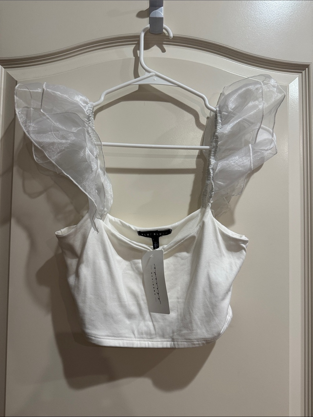 NWT White Ruffle Organza Strap Crop Top